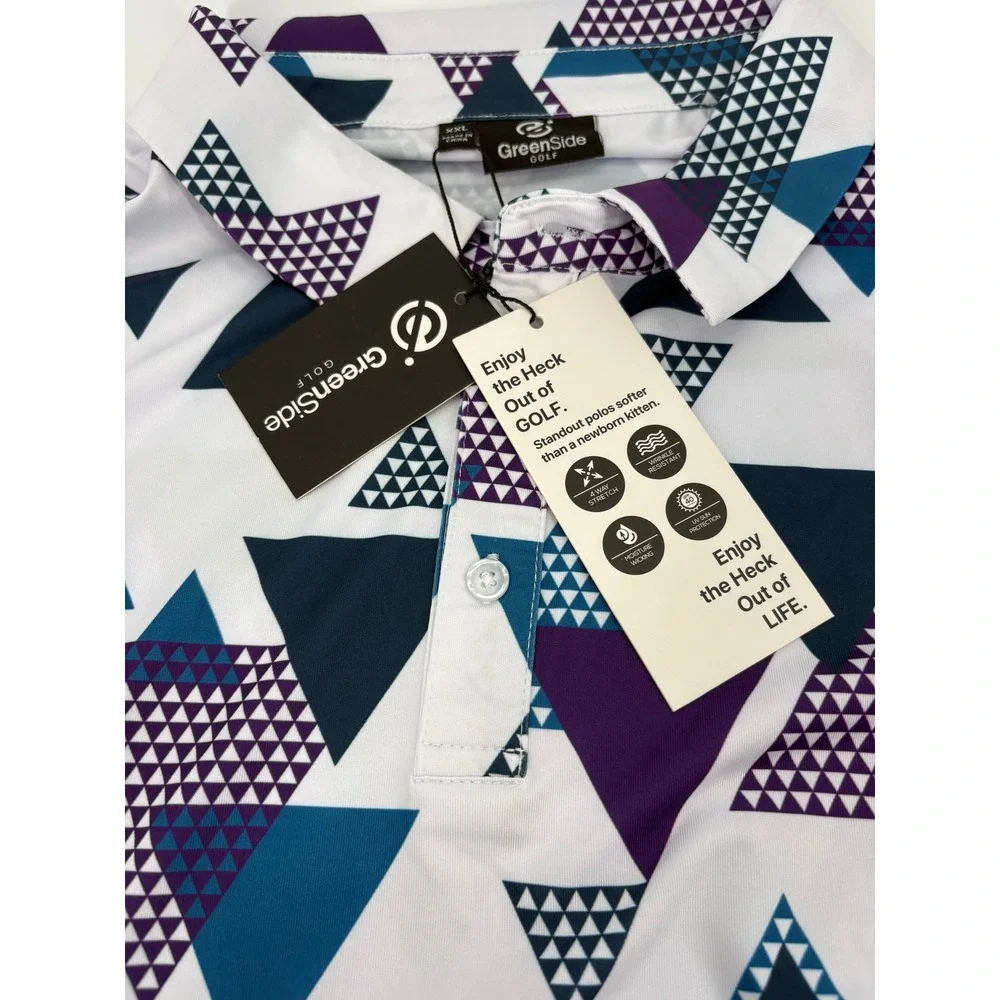 GreenSide Golf Polo Mens XXL Shirt White Purple Teal Geometric Triangle Print